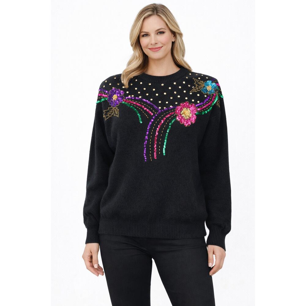 In Charge Vintage Sequin Beaded Flower Black Sweater Pullover. Womens Size Med